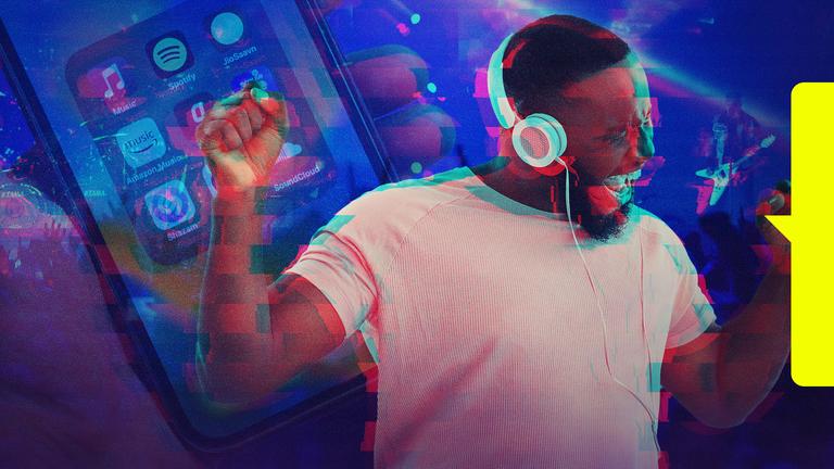 Das Bild zeigt einen Mann welcher begeistert Musik über Kopfhörer hört, während im Hintergrund ein Smartphone mit Apps wie Spotify, Apple Music, SoundCloud etc zu sehen ist.