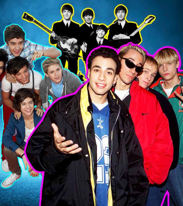 Fotocollage von drei Gruppen von jungen Männern. Sie sind vor einem dunklen Hintergrund abgebildet. Rechts im Bild sind die fünf Mitglieder der Boyband Backstreet Boys zu sehen. Im Hintergrund mittig sind die vier Mitglieder der Beatles abgebildet, zwei von ihnen halten eine Gitarre in der Hand. In der linken Bildhälfte sieht man die fünf Mitglieder der Band One Direction.