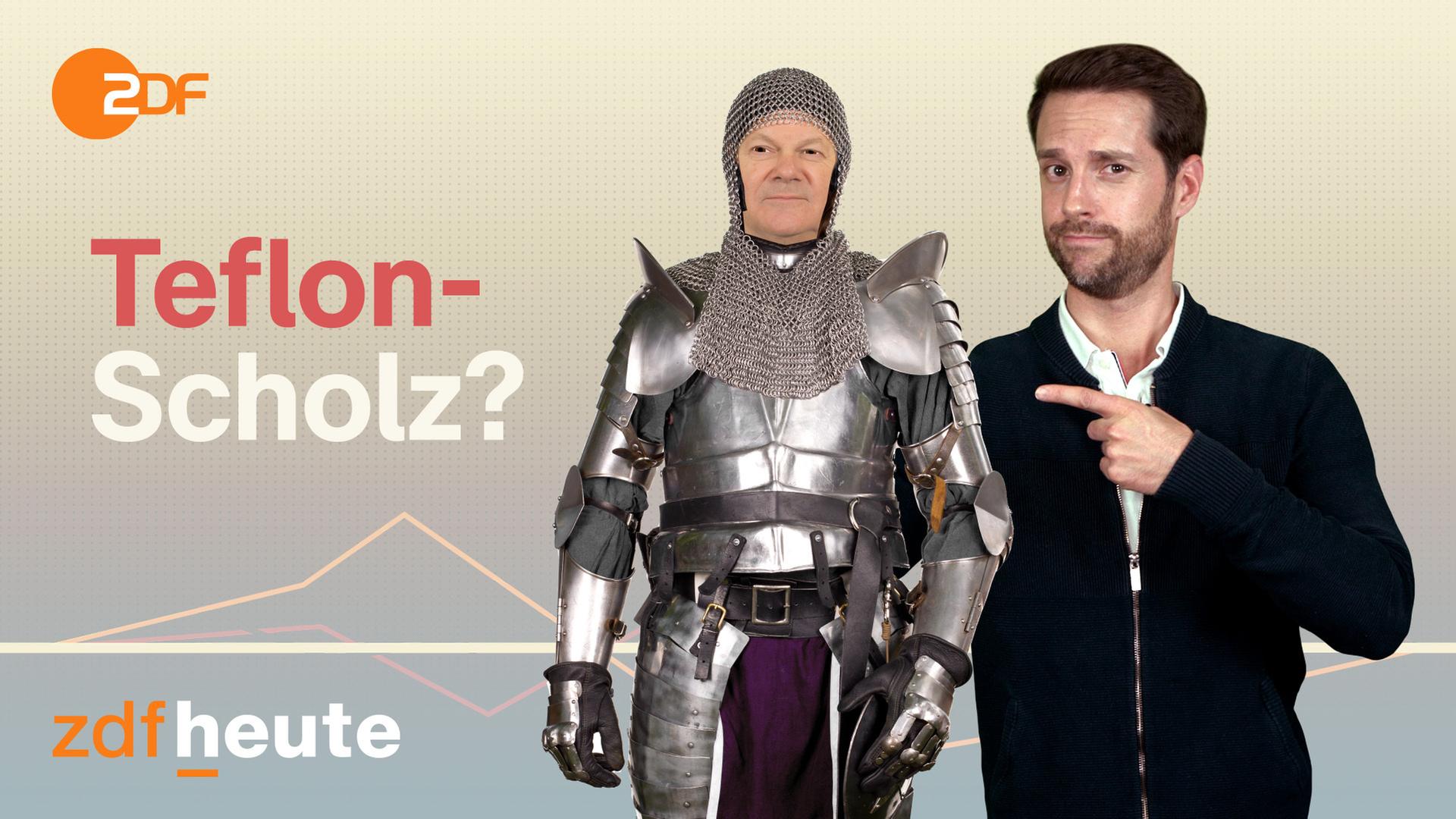 Politbarometer2go-Host Mirko Drotschmann mit einer Olaf Scholz Figur in Ritterrüstung
