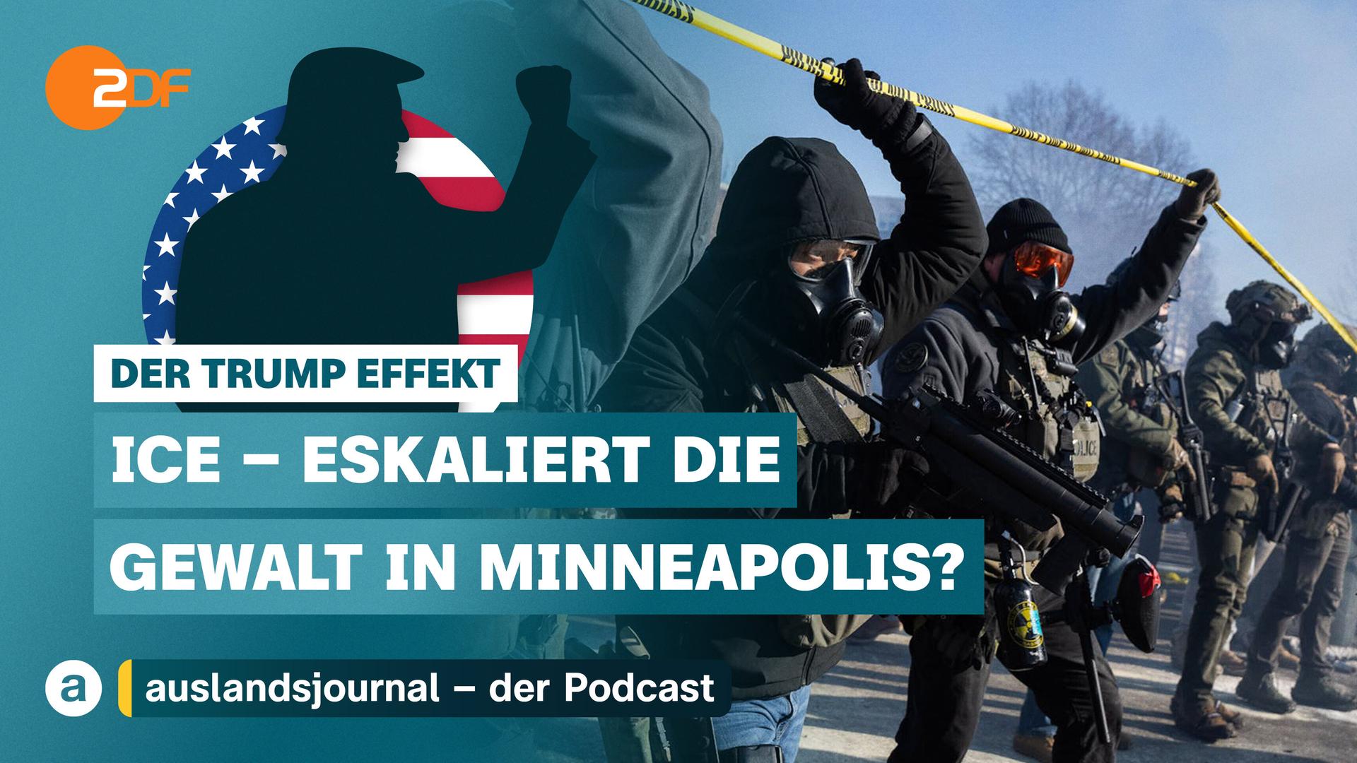 Links Donald Trump mit erhobener Faust als Schatten vor US-Flagge, rechts Foto von vermummten ICE-Beamten, darunter Schriftzug: "ICE - eskaliert die Gewalt in Minneapolis?"