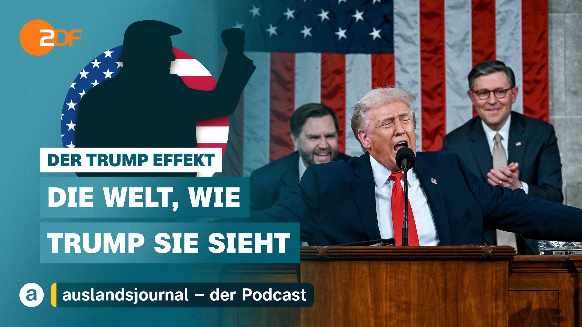 Links Donald Trump mit erhobener Faust als Schatten vor US-Flagge, rechts Foto: Donald Trump bei Rede zur Lage der Nation, darunter Schriftzug: "Die Welt, wie Trump sie sieht"