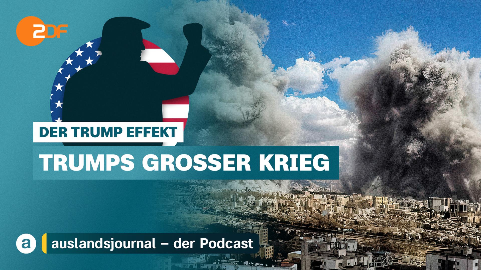 Donald Trump mit erhobener Hand als Schattenriss vor US-Flagge, rechts Rauchwolke über den Häusern