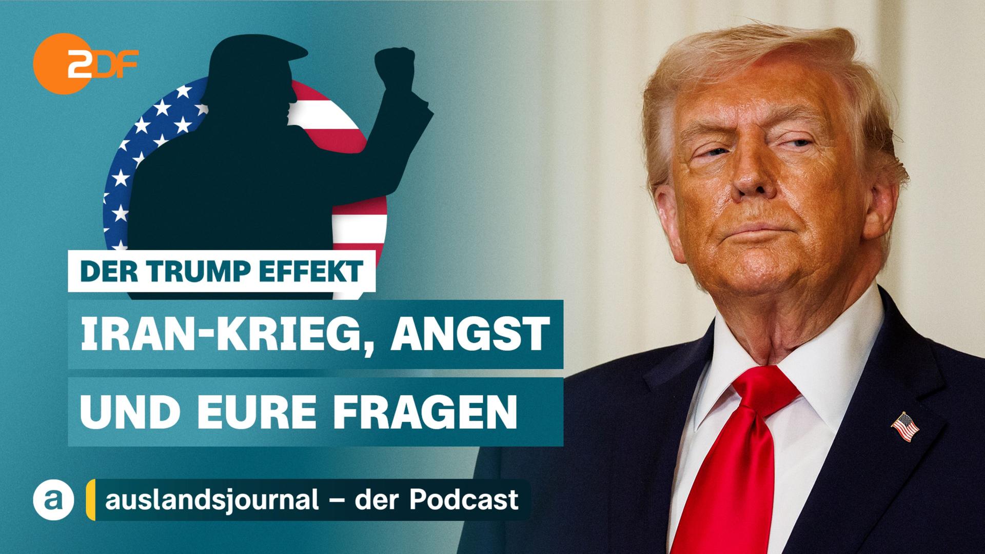 Donald Trump mit erhobener Faust als Schattenriss vor US-Flagge, rechts Foto von Trump in Großaufnahme