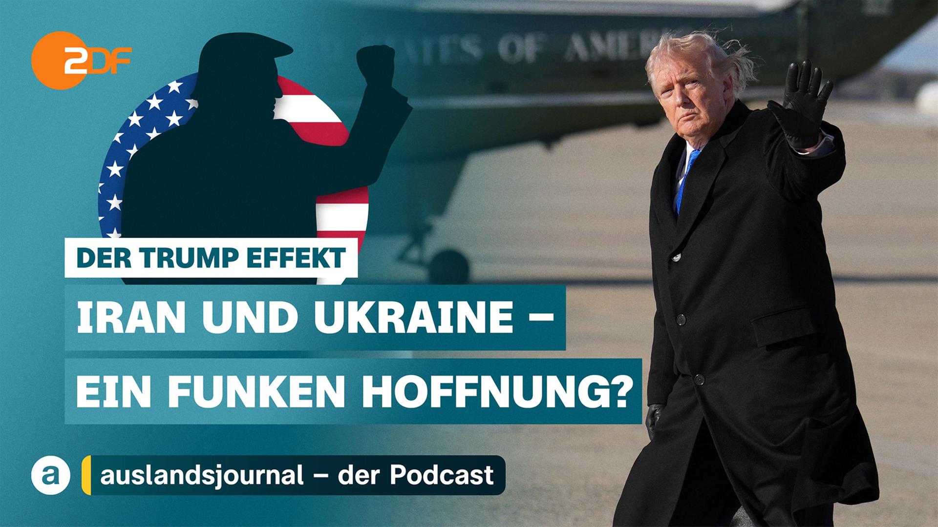 Donald Trump mit erhobener Faust als Schattenriss vor US-Flagge, rechts Foto von Trump in langem schwarzem Mantel mit zum Gruß gehobener Hand