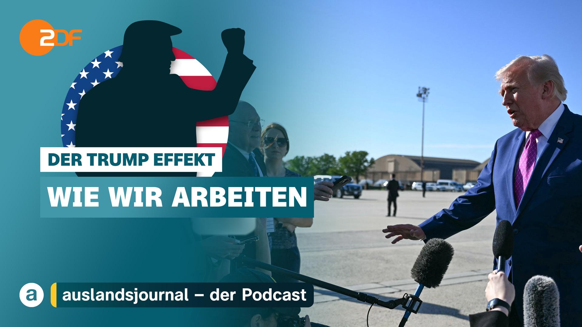 Donald Trump mit erhobener Faust als Schattenriss vor US-Flagge, darunter Schriftzug: "Der Trump Effekt - Wie wir arbeiten", daneben Foto von Donald Trump im Gespräch mit Reportern 