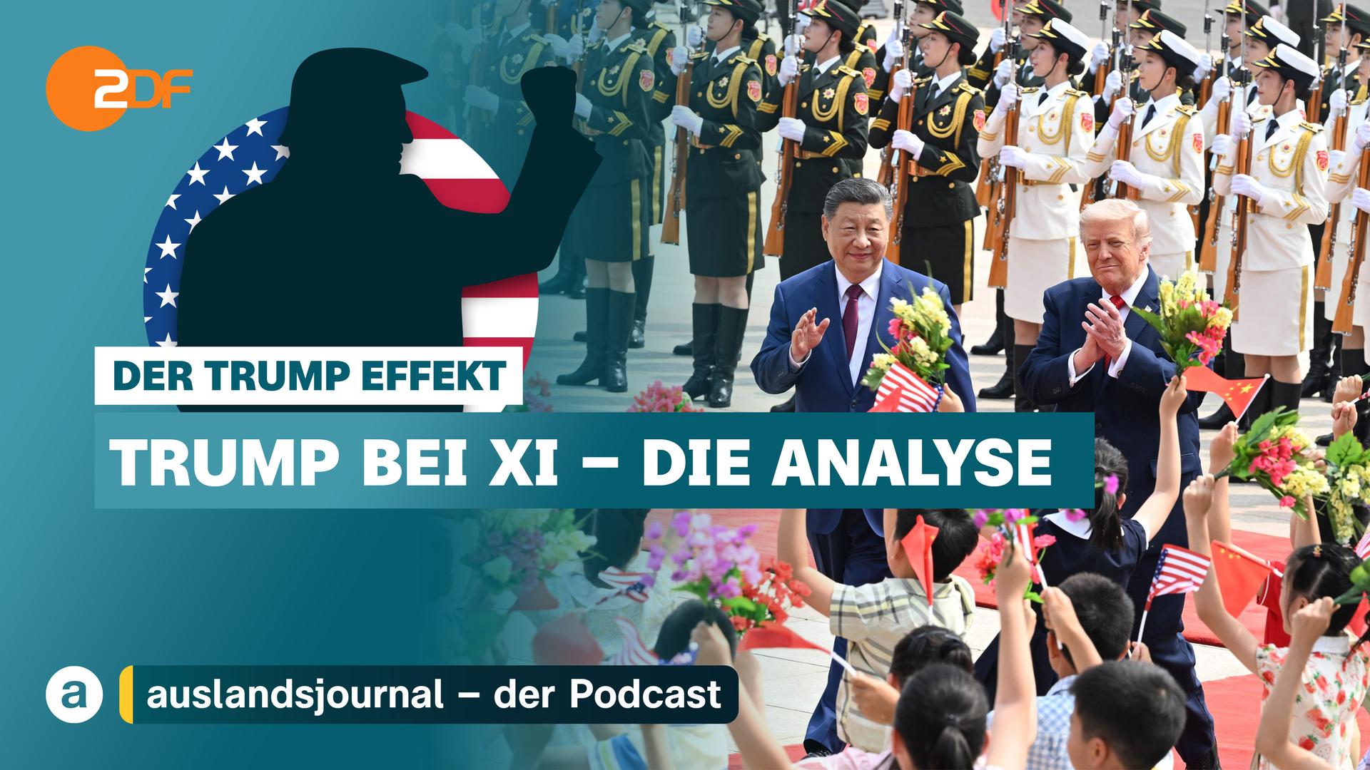 Donald Trump mit erhobener Faust als Schattenriss vor US-Flagge, darunter Schriftzug: "Der Trump Effekt - Trump bei Xi - Die Analyse", rechts Foto Trump und Xi bei Staatsbesuch in China
