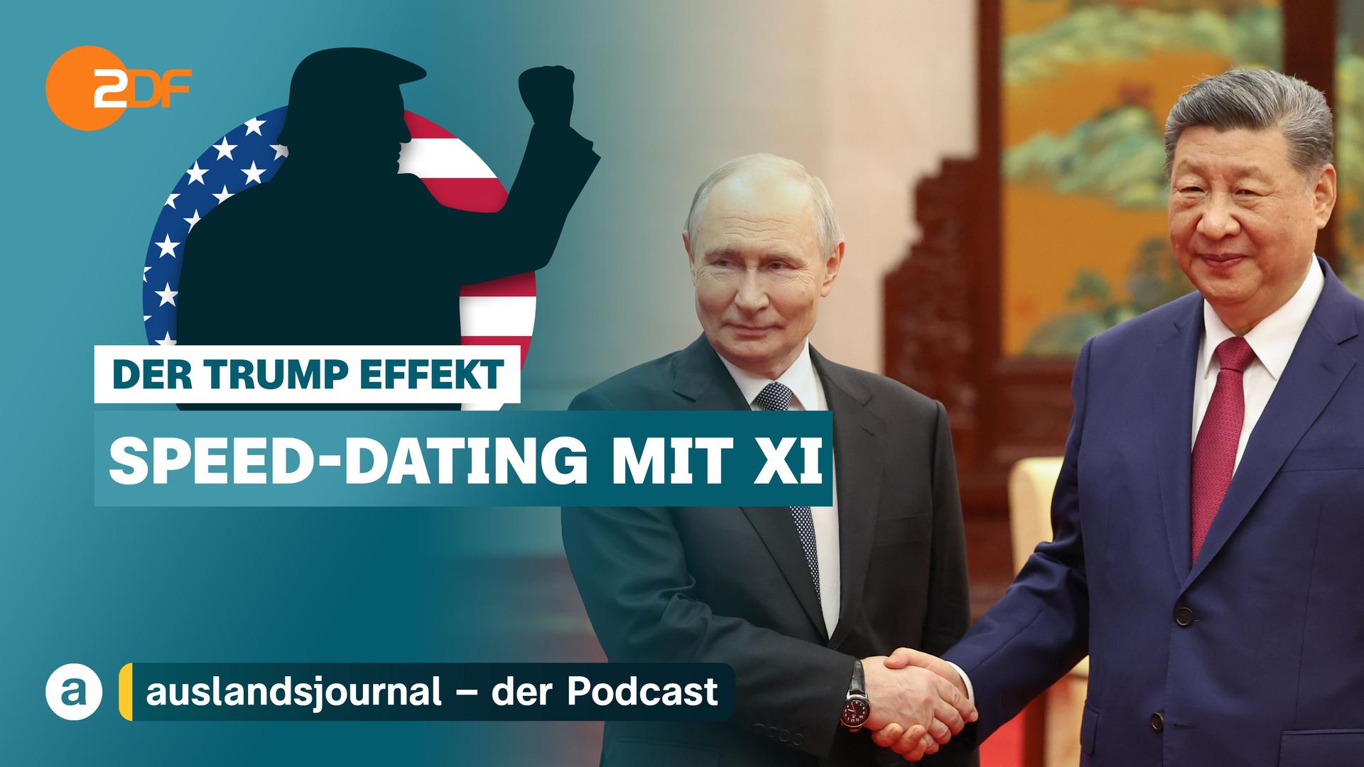 Donald Trump mit erhobener Faust als Schattenriss vor US-Flagge, darunter Schriftzug: "Der Trump Effekt - Speed-Dating mit Xi", rechts Foto von Putin und Xi Jinping