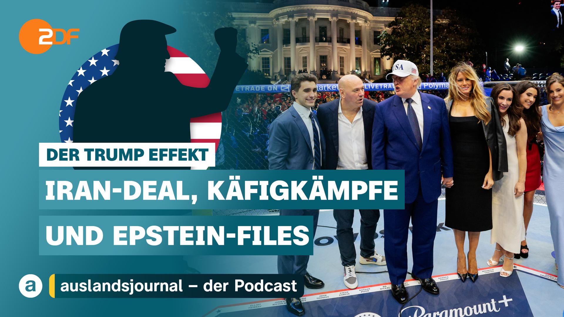Donald Trump mit erhobener Faust als Schattenriss vor US-Flagge, darunter Schriftzug: "Der Trump Effekt - Iran-Deal, Käfigkämpfe und Epstein Files", rechts daneben Foto von Donald Trump mit Melania und anderen Personen bei Feier vor dem Weißen Haus 