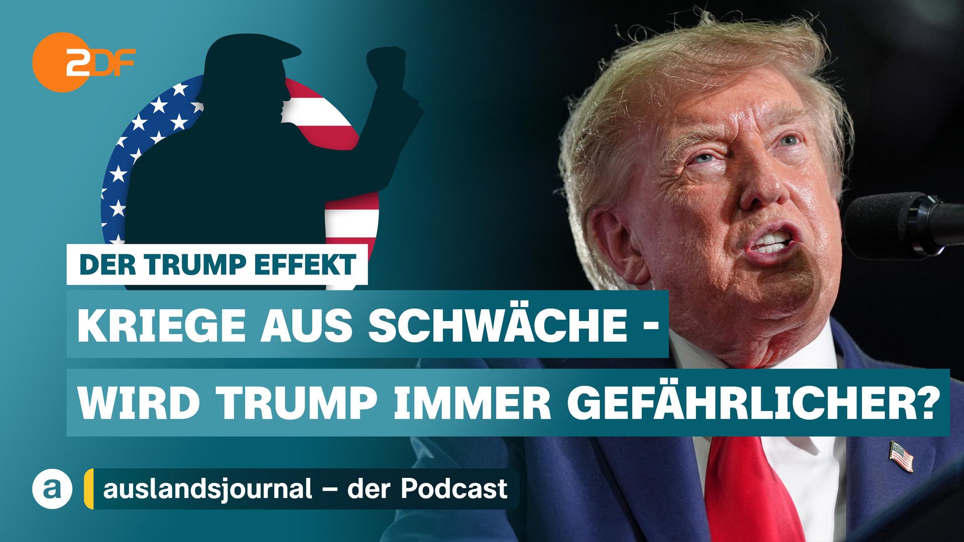 Donald Trump mit erhobener Faust als Schattenriss vor US-Flagge, darunter Schriftzug: "Der Trump Effekt - Krieg aus Schwäche - wird Trump immer gefährlicher?", rechts Nahaufnahme von Trump bei Rede