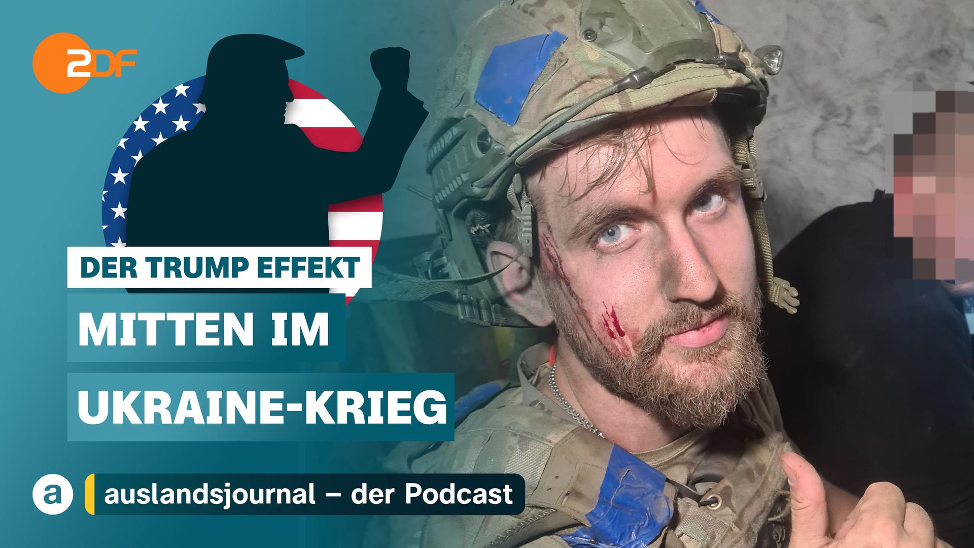 Donald Trump mit erhobener Faust als Schattenriss vor US-Flagge, darunter Schriftzug: "Der Trump Effekt - Mitten im Ukraine-Krieg", rechts daneben Foto von ukrainischem Soldaten in Uniform mit Helm und Blutspuren im Gesicht