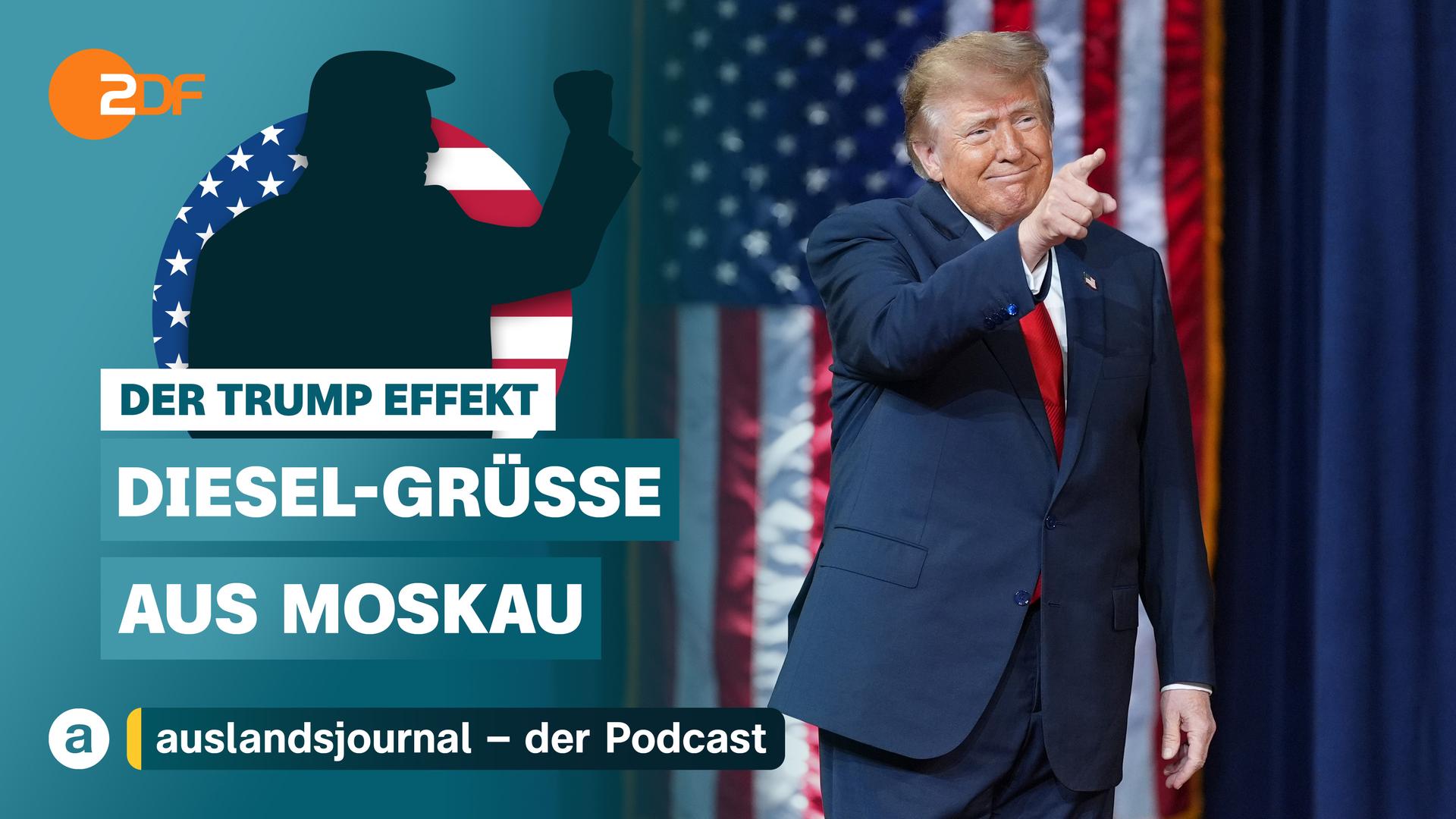 Donald Trump mit erhobener Faust als Schattenriss vor US-Flagge, darunter Schriftzug: "Der Trump Effekt - Diesel-Grüße aus Moskau, rechts davon Foto: grinsender Donald Trump mit erhobenem Zeigefinger