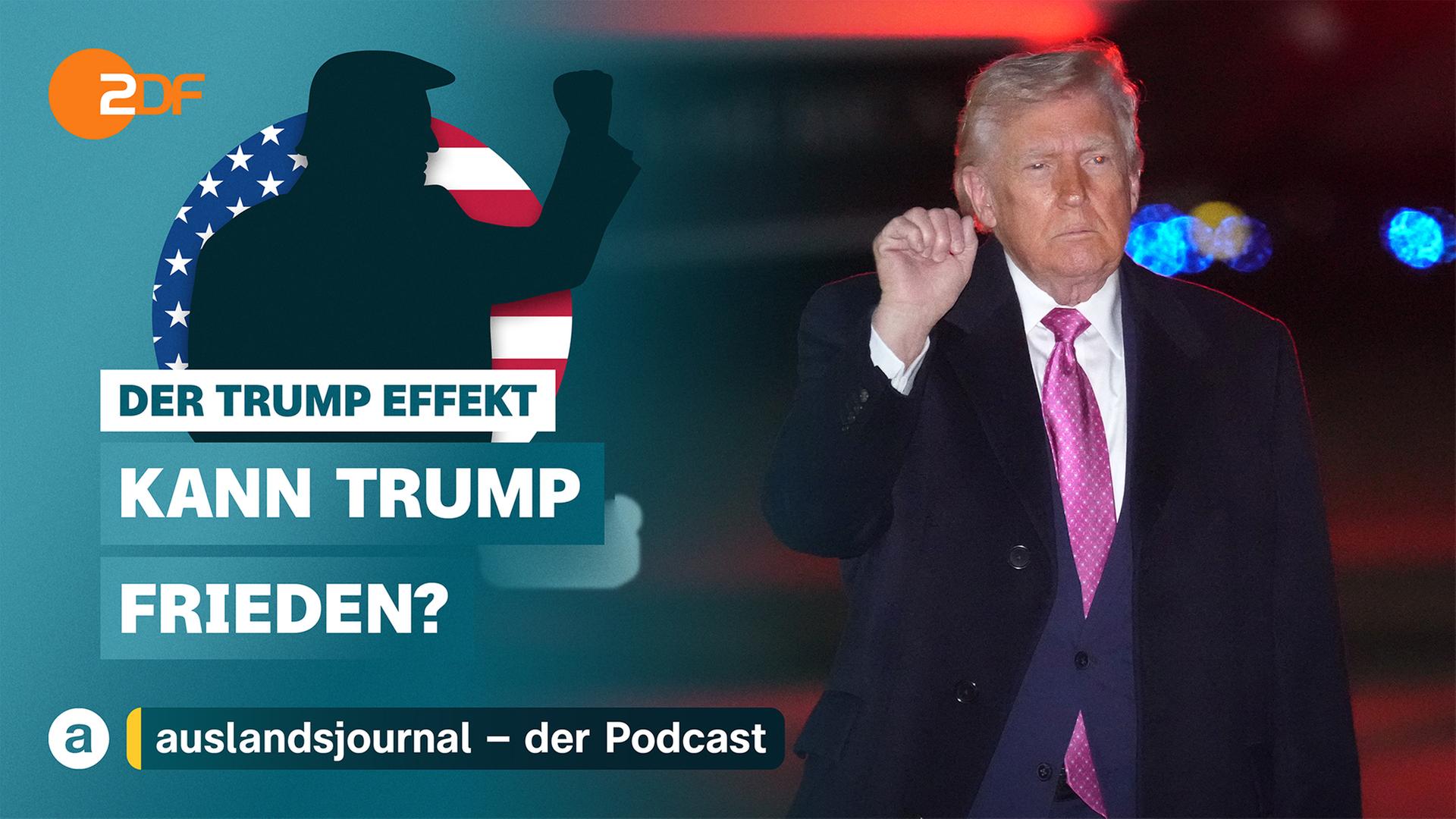 Donald Trump mit erhobener Faust als Schattenriss vor US-Flagge, darunter "Der Trump Effekt" Kann Trump Frieden?, rechts Donald Trump mit erhobener Faust vor rot leuchtendem Hintergrund