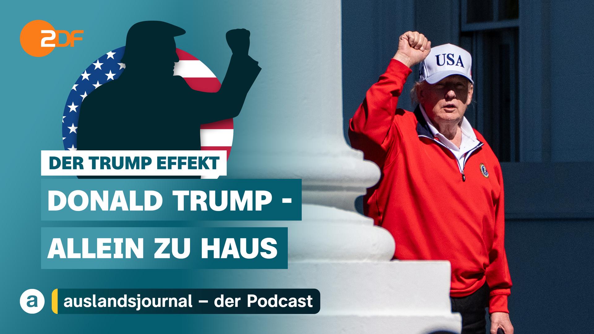 Donald Trump mit erhobener Faust als Schattenriss vor US-Flagge, darunter Schriftzug: "Der Trump Effekt - Donald Trump - Allein zu Haus", rechts Donald Trump hebt die Faust in rotem Pullover und weißer Kappe mit USA-Schriftzug