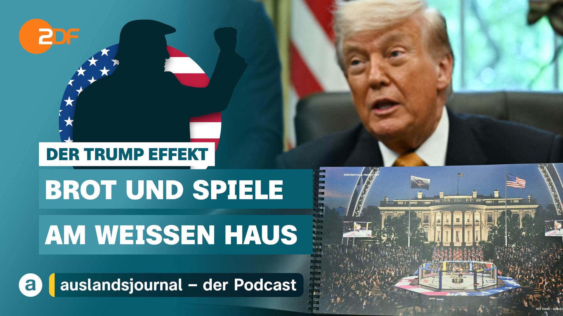 Donald Trump mit erhobener Faust als Schattenriss vor US-Flagge, darunter Schriftzug: "Der Trump Effekt - Brot und Spiele am Weißen Haus", rechts oben: Foto von Donald Trump mit etwas geöffnetem Mund, darunter ein Kampfkäfig vor dem Weißen Haus und Publikum, abgebildet in einem Ringbuch