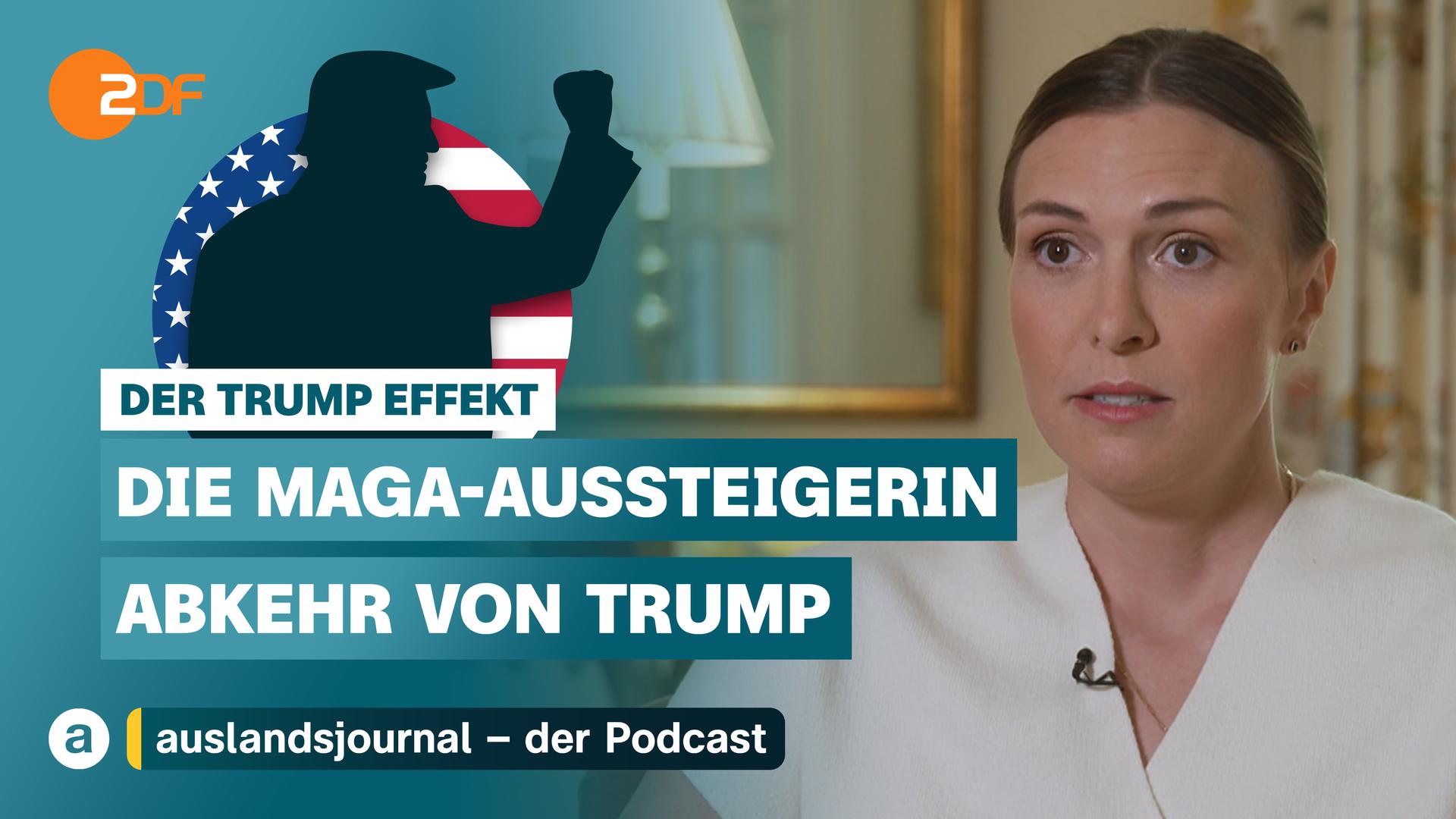 Donald Trump mit erhobener Faust als Schattenriss vor US-Flagge, darunter Schriftzug: "Der Trump Effekt - Die MAGA-Aussteigerin - Abkehr von Trump", rechts im Bild die MAGA-Aussteigerin Carter Brown