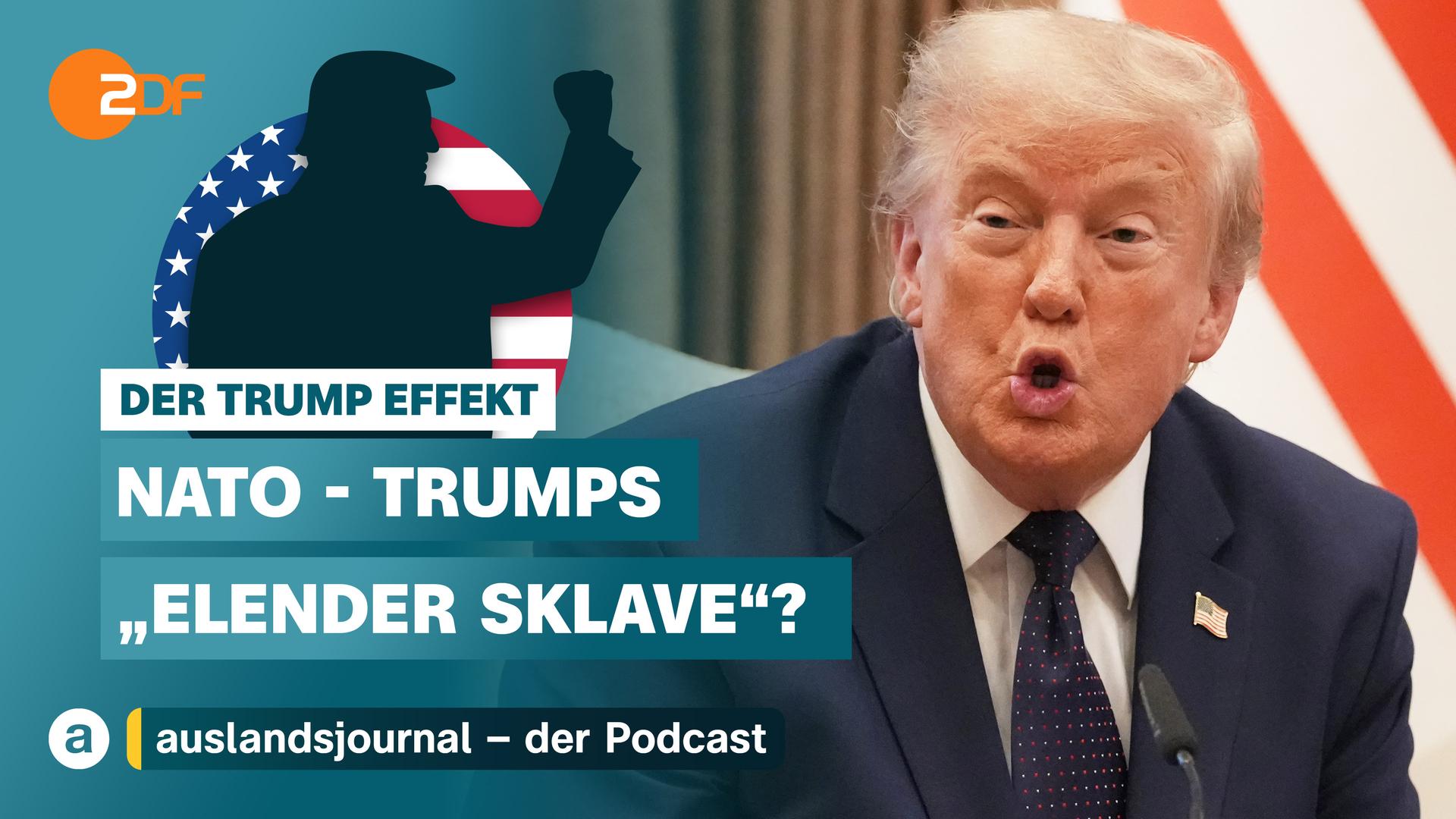 Donald Trump mit erhobener Faust als Schattenriss vor US-Flagge, darunter Schriftzug: "Der Trump Effekt - NATO - Trumps "elender Sklave"?, rechts im Bild Nahaufnahme von Donald Trump