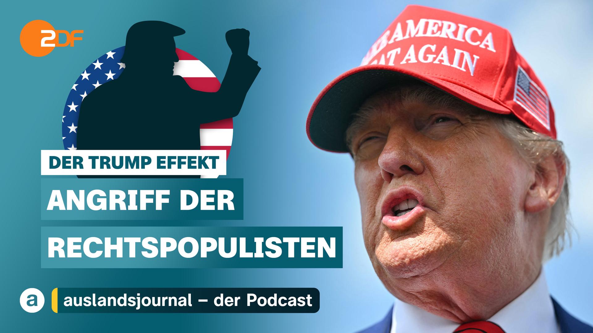 Donald Trump mit erhobener Faust als Schattenriss vor US-Flagge, darunter Schriftzug: "Der Trump Effekt - Angriff der Rechtspopulisten", rechts im Bild Nahaufnahme von Putin