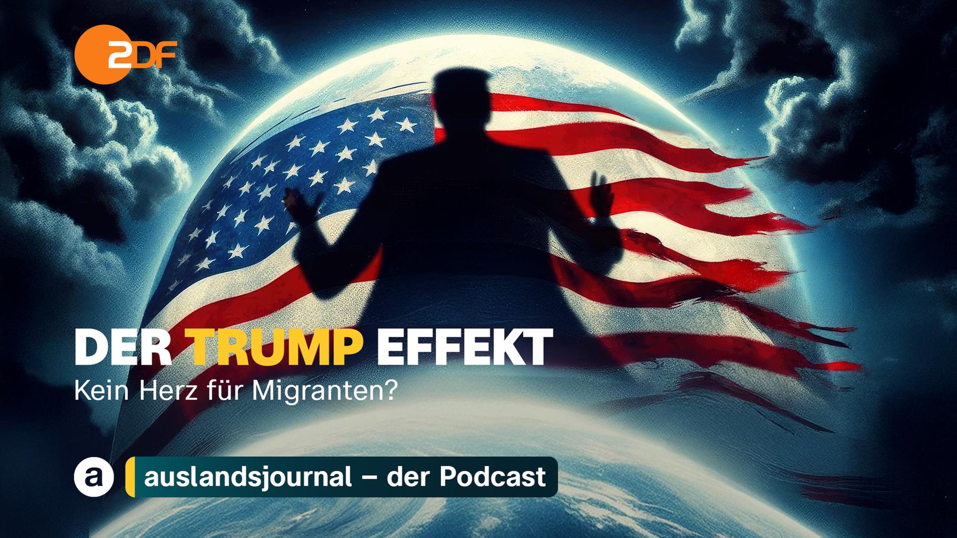 Donald Trump als Schatten mit erhobenen Händen, dahinter Weltkugel mit zerfetzter US-Flagge, unten Schriftzug "Der Trump Effekt - Kein Herz für Migranten"
