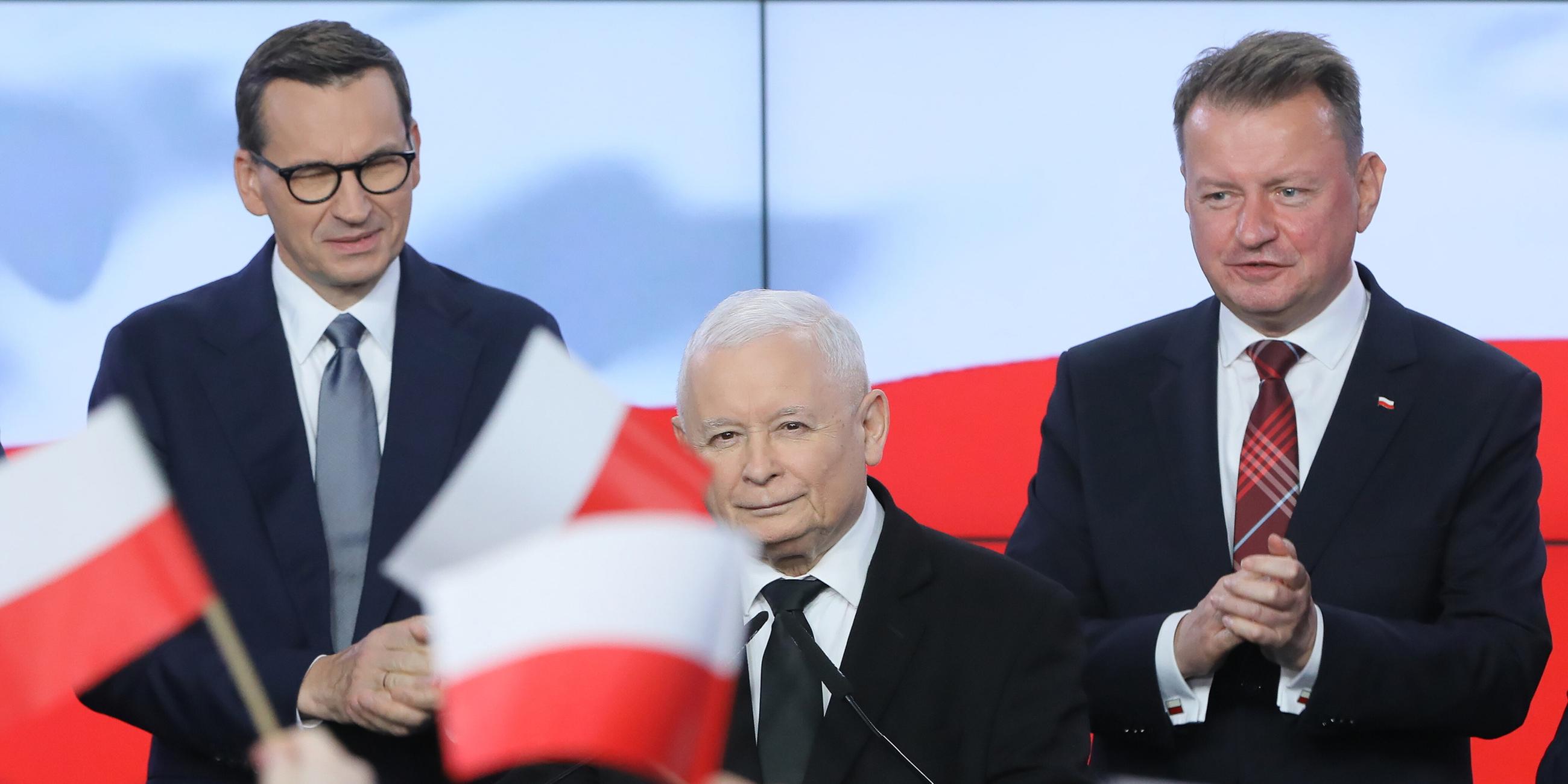 Jarosław Kaczyński, Vorsitzender der polnischen Partei PiS am Wahlabend in Warschau
