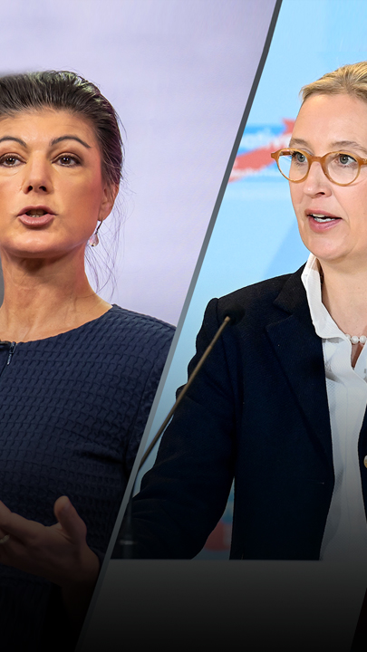 Die BSW-Vorsitzende Sahra Wagenknecht und AfD-Chefin Alice Weidel jeweils an einem Rednerpult