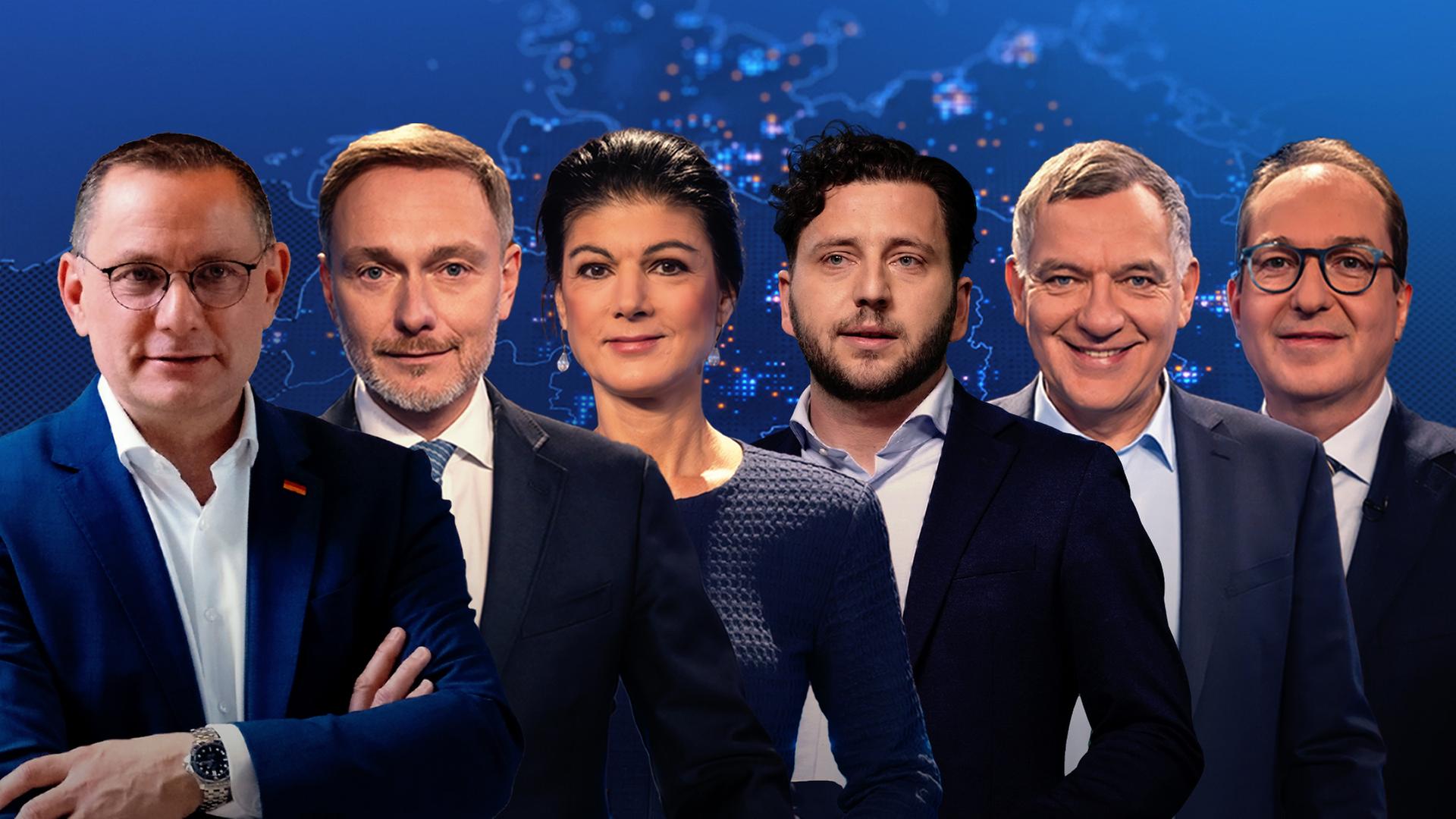 Chrupalla, Lindner, Wagenknecht, Banaszak, van Aken und Dobrindt. 