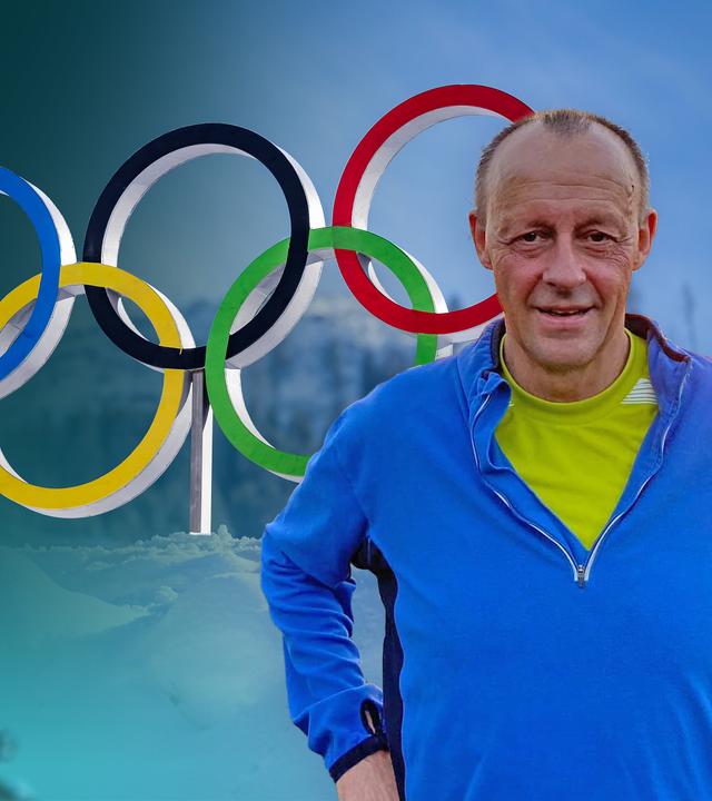 Friedrich Merz im Sport-Outfit, Mittig die Olympischen Ringe, links das Dach des Bundestags in Anschnitt.