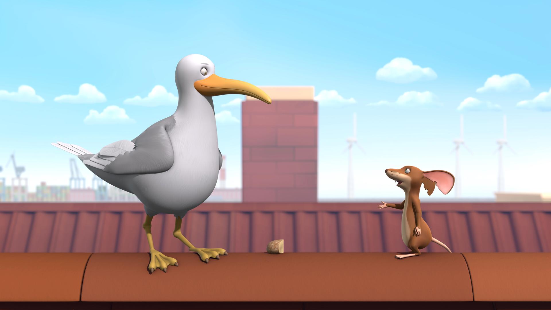 Pomme de Terre stibitzt aus dem Käseladen Brot für die Möwe. Beide stehen hoch oben auf einem Dach eines Gebäudes am Hafen.