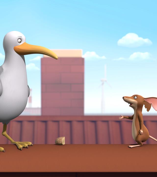 Pomme de Terre stibitzt aus dem Käseladen Brot für die Möwe. Beide stehen hoch oben auf einem Dach eines Gebäudes am Hafen.