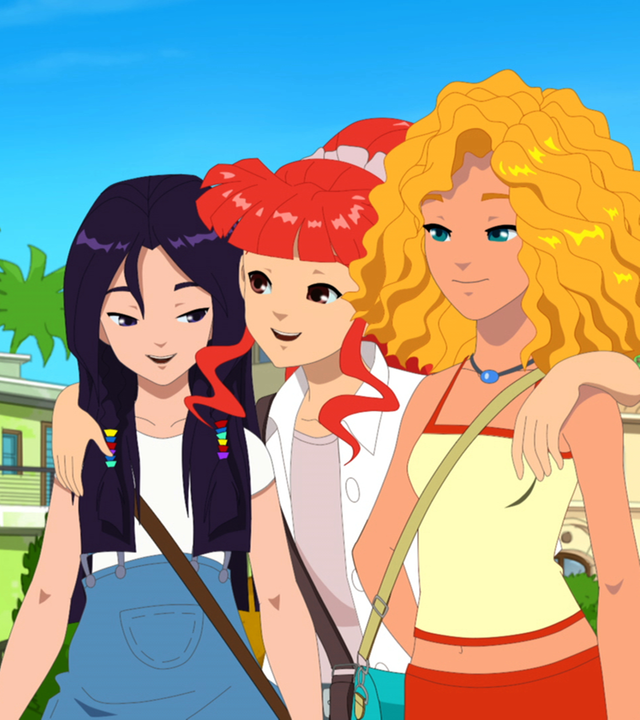 Lewis trifft auf Emma, Cleo und Rikki, die sich entspannt in den Armen liegen.