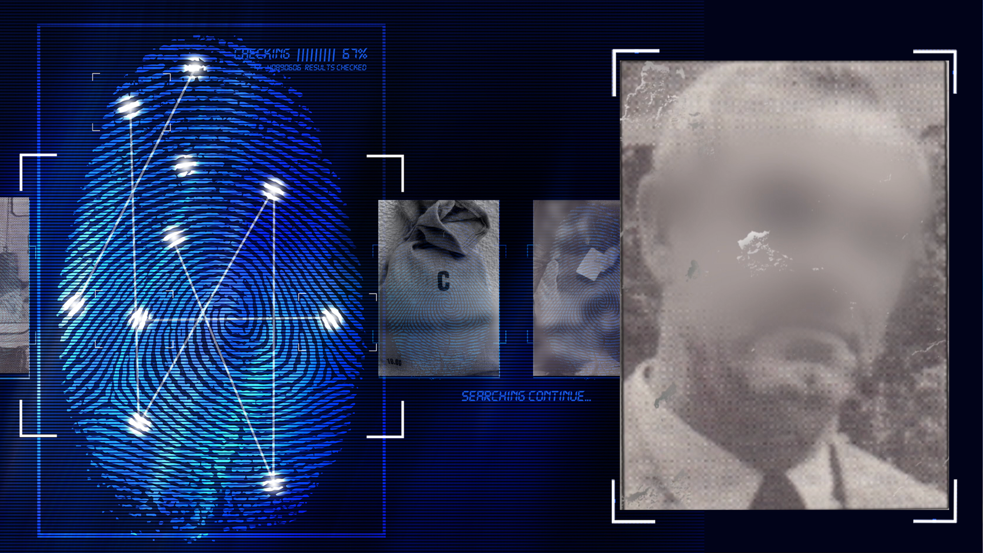 Schwarzweißfoto eines Mannes ca. 60 Jahre. Das Gesicht wurde im Bild technisch verfremdet. Links daneben: Lichtschematische Darstellung eines Fingerabdrucks.