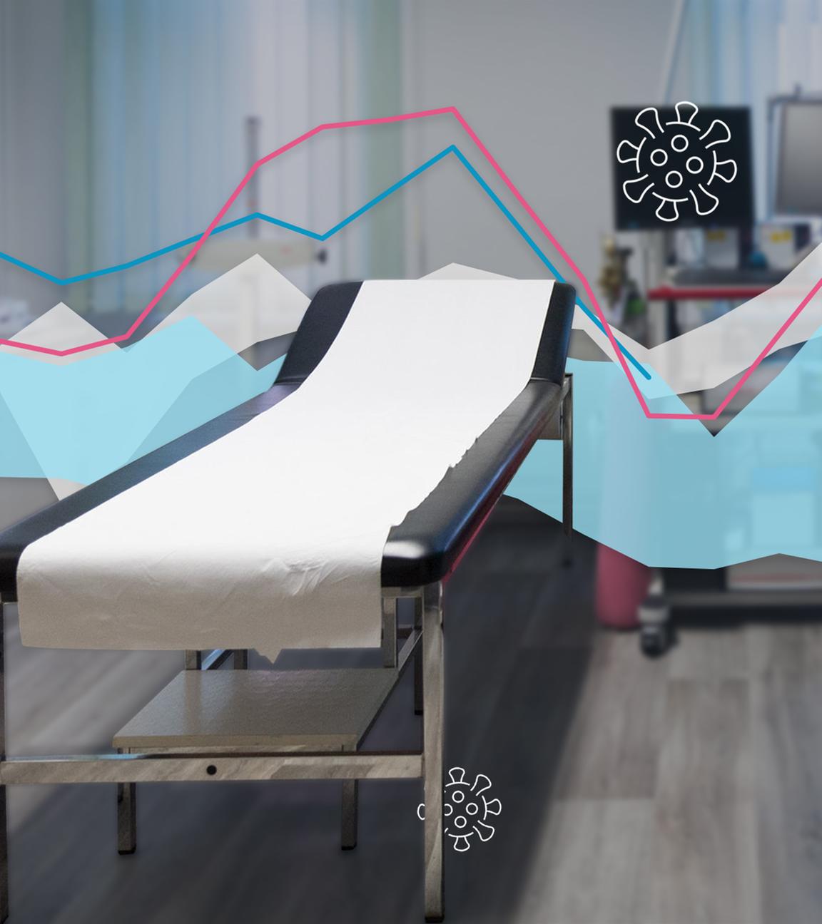 Besprechungszimmer in einer Arztpraxis, darüber eine Grafik zur aktuellen Erkältungssaison