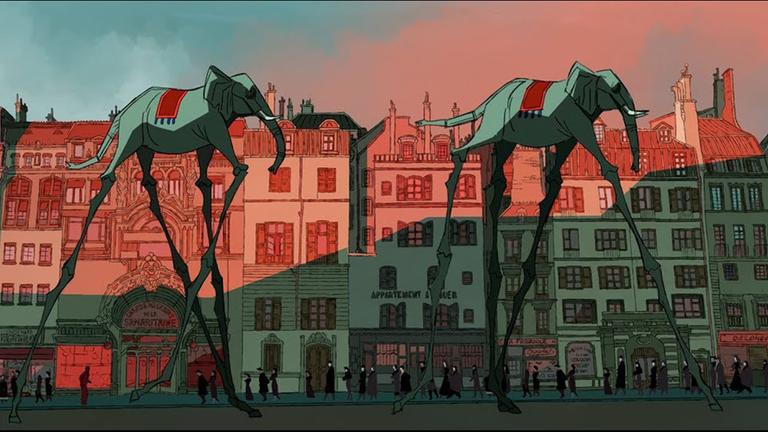 „Buñuel – Im Labyrinth der Schildkröten“ : Filmszene mit zwei langbeinigen Elefanten, die an das Gemälde "Les Éléphants" von Salvador Dali erinnert
