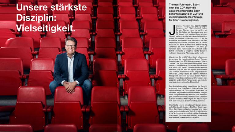 Seite 16, ZDF-Imagebroschüre: Thomas Fuhrmann sitzt auf einem roten Kinosessel in einem Kinosaal. Darüber die Überschrift: "Unsere stärkste Disziplin: Vielseitigkeit". Rechts ein Erklärtext zu Sportangeboten iim ZDF.