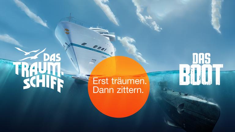 Screenshot Crossmedia-Kampagne "Das Boot": links "Das Traumschiff", rechts "Das Boot"; dazwischen in orangenem Kreis die Worte "Erst träumen, dann zittern"