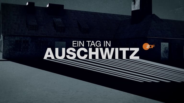 Screenshot Vorspann "Ein Tag in Auschwitz". Hinter dem Sendetitel die dunkle Silhouette des KZ Auschwitz.