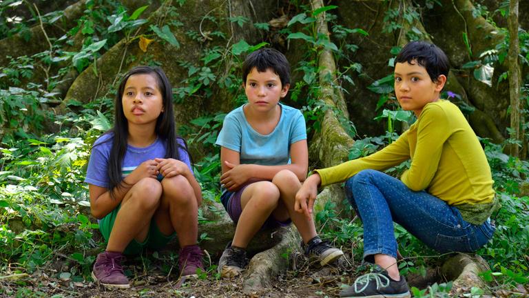 "Prayers for  the Stolen - Noche de Fuego": Die drei Freundinnen Maria (Blanca Itzel Pérez), Ana (Ana Cristina Ordónez González) und Paula (Camila Gaal) hocken unter einem großen Baum im Wald-