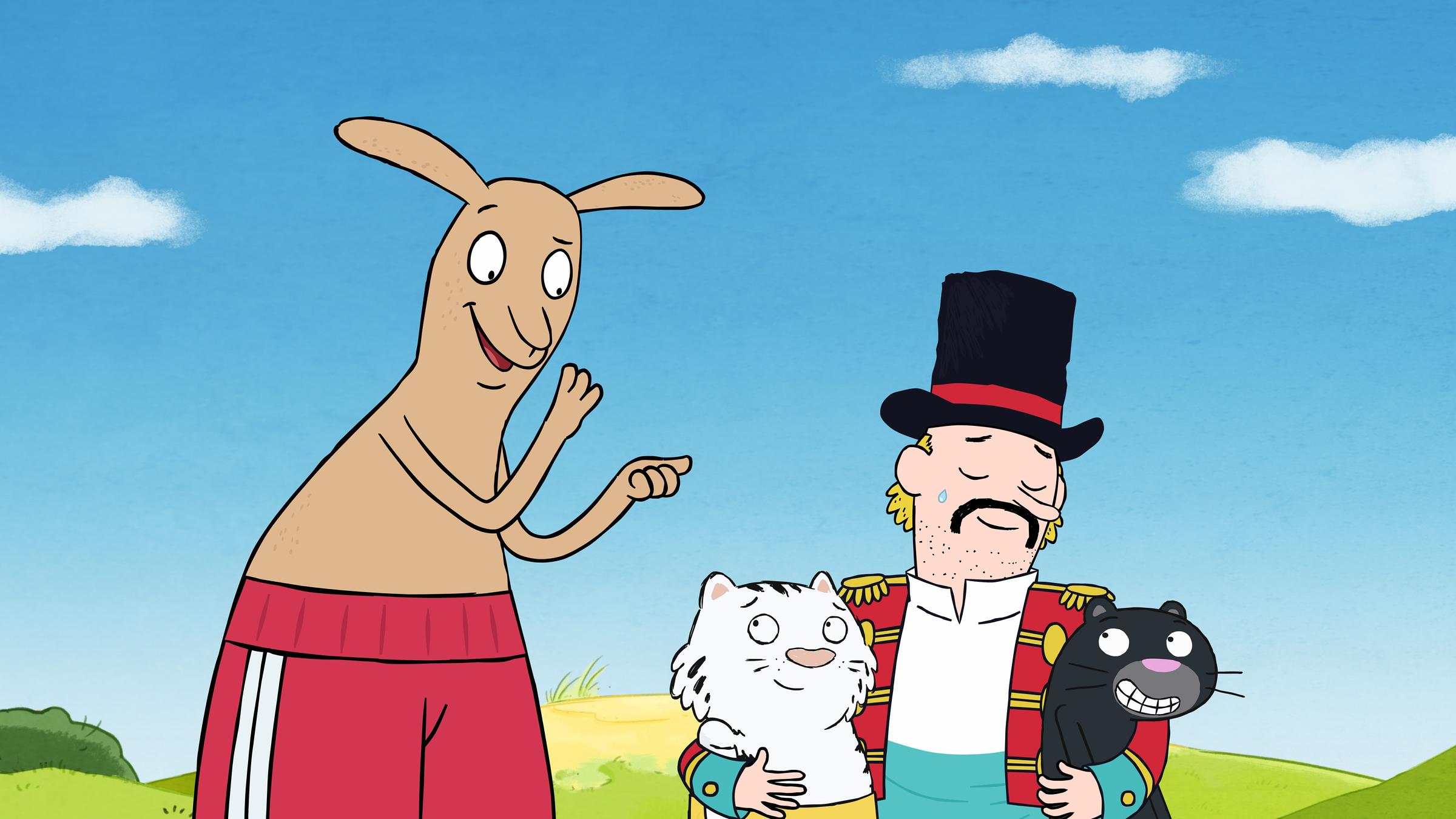 "Ein Känguru wie du" (Animationsfilm): Endlich hat der Trainer (2.v.r.) seine beiden Raubkatzen Pascha (2.v.l.) und Lucky (r.) wieder. Doch wen haben sie da eigentlich mitgebracht? Ein Känguru (l.) in Boxershorts?