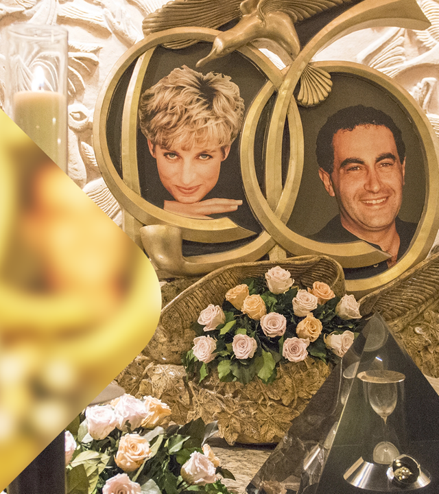 Eine Bronze-Skulptur mit Fotos von Prinzessin Diana und ihrem Freund Dodi.