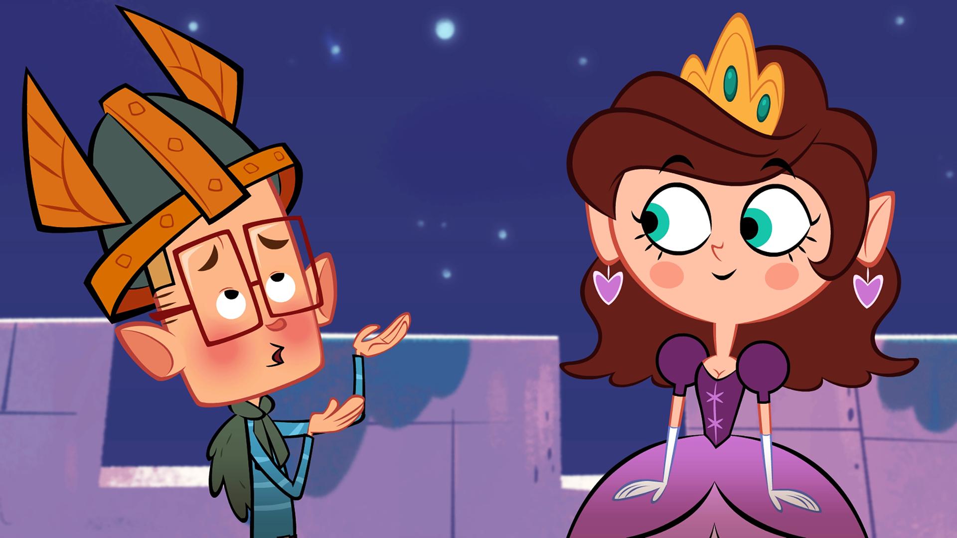 Marcus und Prinzessin Lula stehen auf einem Turm und schauen sich gegenseitig verliebt an. Prinzessin Lula hat braune lockige Haare, trägt eine Krone mit blauen Steinen auf dem Kopf sowie Herzohrringe in Rosa und dazu ein passendes lilafarbenes Kleid. Marcus hat ganz rote Backen und ist verlegen, während er ihr eine Liebeserklärung macht.