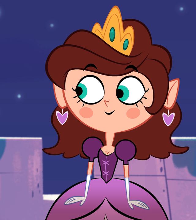 Marcus und Prinzessin Lula stehen auf einem Turm und schauen sich gegenseitig verliebt an. Prinzessin Lula hat braune lockige Haare, trägt eine Krone mit blauen Steinen auf dem Kopf sowie Herzohrringe in Rosa und dazu ein passendes lilafarbenes Kleid. Marcus hat ganz rote Backen und ist verlegen, während er ihr eine Liebeserklärung macht.