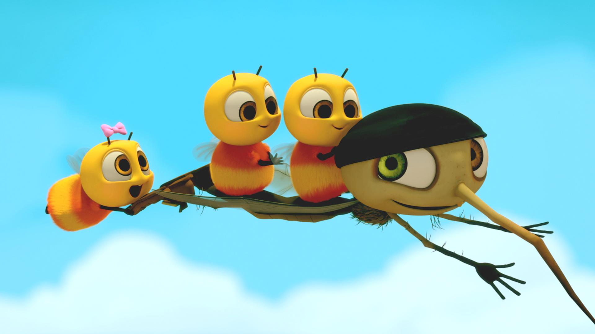 Micki fliegt mit den drei Bienenkindern auf dem Rücken durch die Luft.