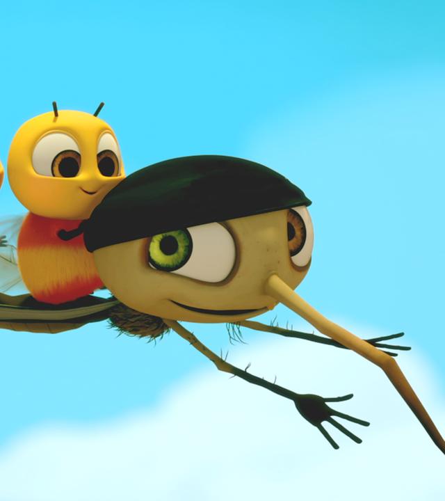 Micki fliegt mit den drei Bienenkindern auf dem Rücken durch die Luft.