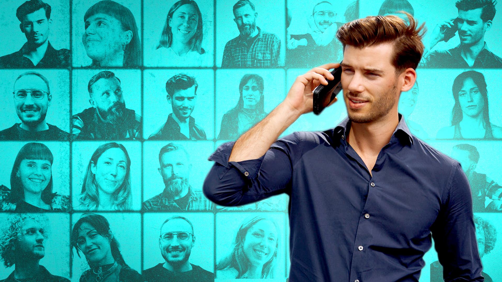 Montage: David telefoniert und schaut zur Seite. Im Hintergrund befindet sich eine Fotowand mit Porträtaufnahmen der Gen Y und Z.