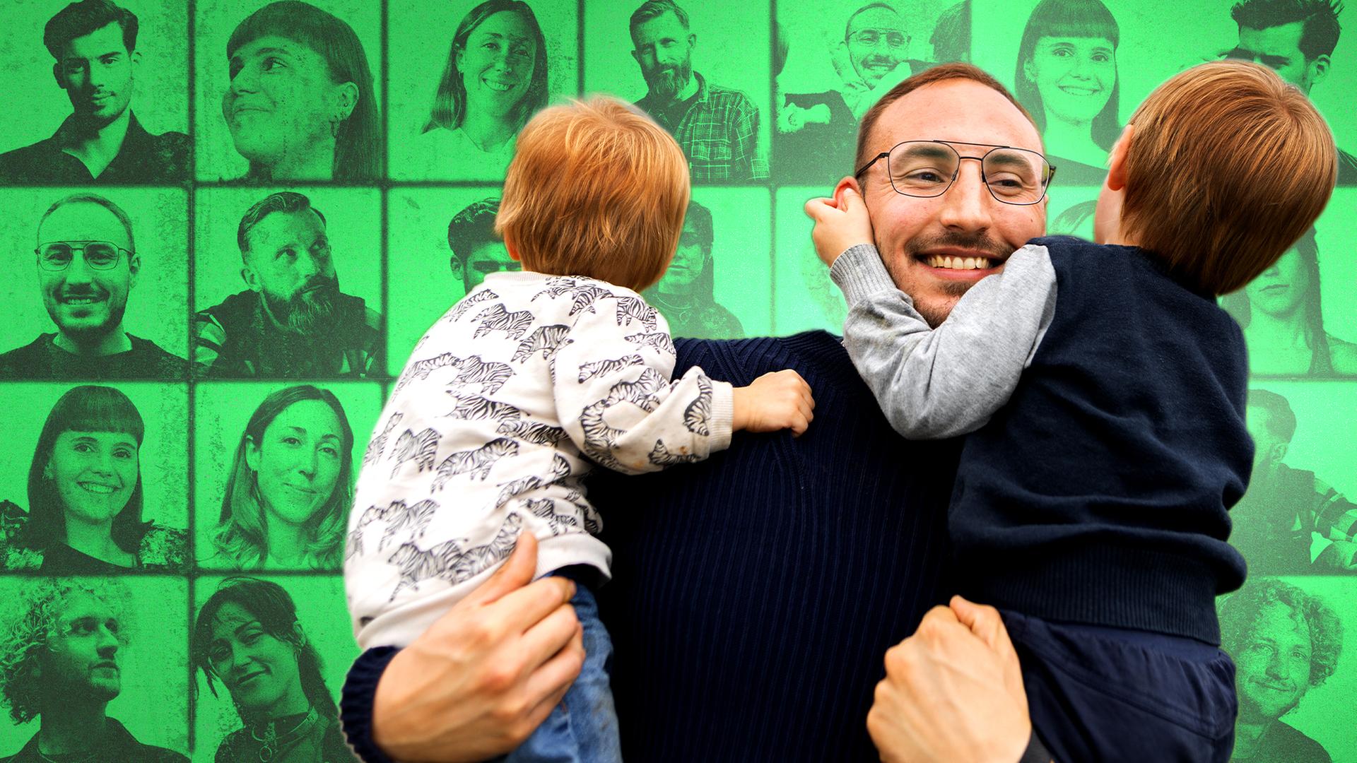 Montage: Kenny hält seine beiden Söhnen auf dem Arm. Im Hintergrund befindet sich eine Fotowand mit Porträtaufnahmen der Gen Y und Z.