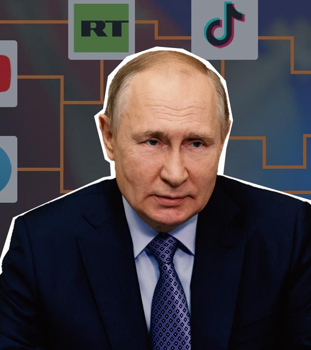 Mitte, Putin mit emotionslosen Gesichtsausdruck, im Hintergrund ein Netz aus Social-Media Plattformen. 