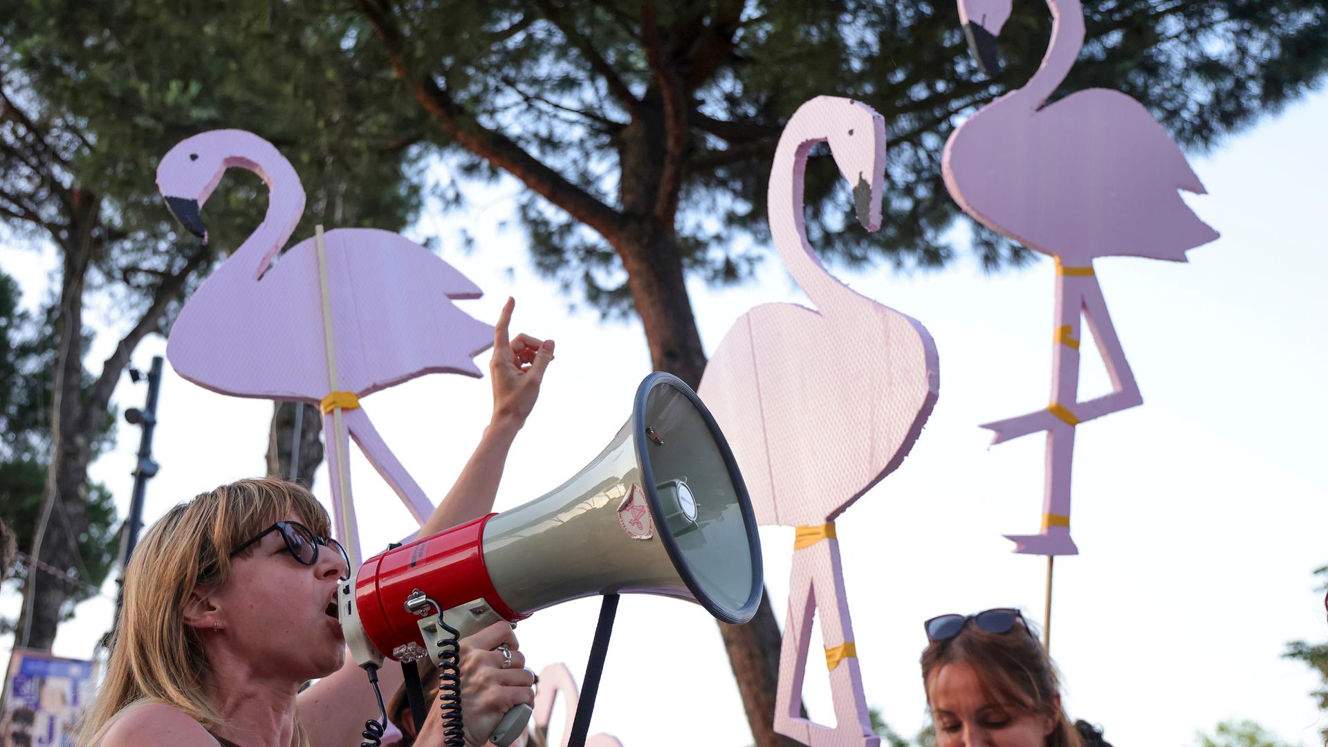 Bei einer Demonstration halten Frauen rosa Flamingos aus Pappe hoch, während eine Frau in ein Megaphon spricht.