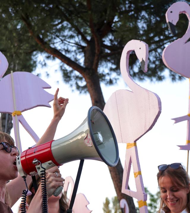 Bei einer Demonstration halten Frauen rosa Flamingos aus Pappe hoch, während eine Frau in ein Megaphon spricht.