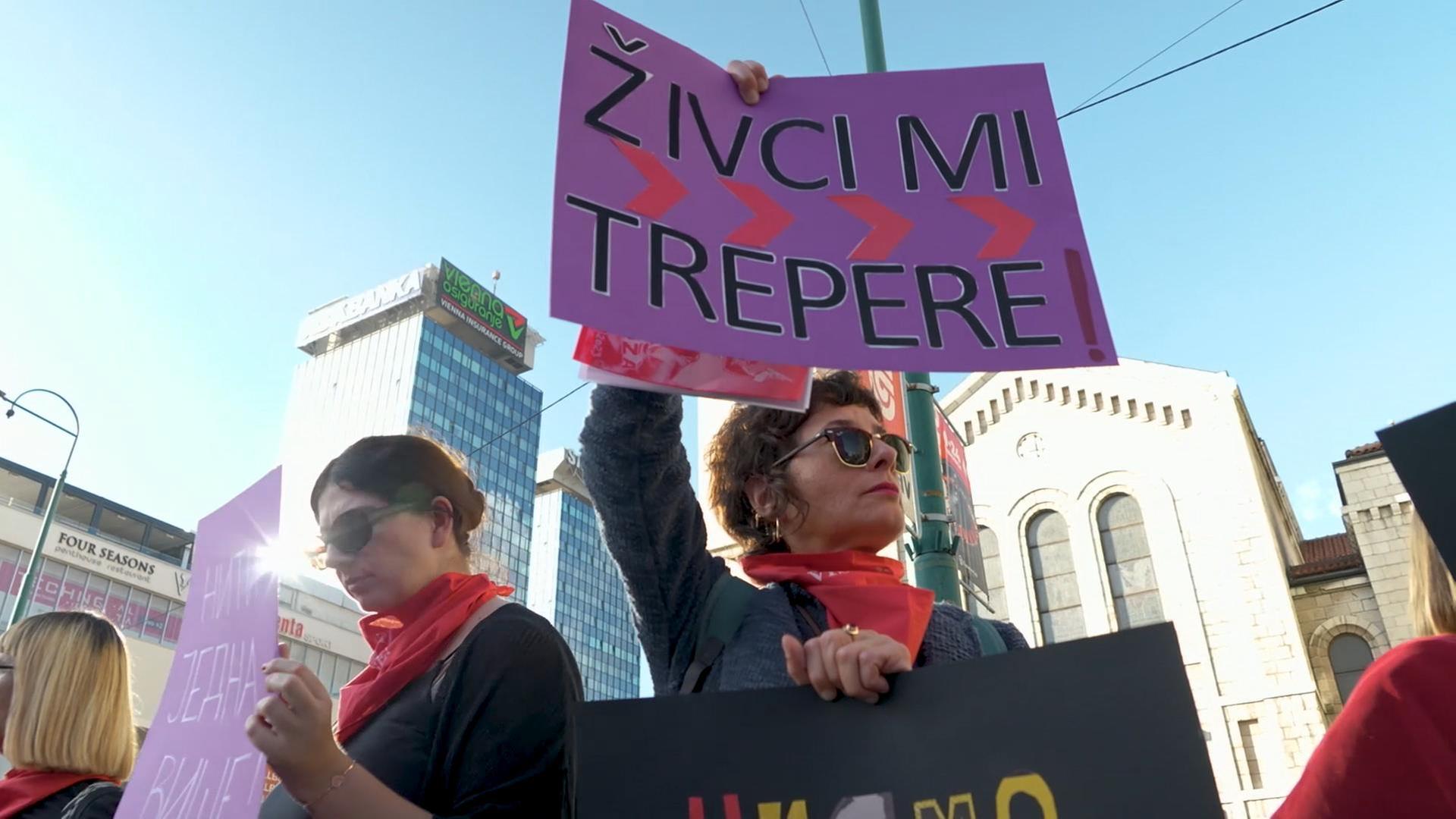 "Meine Nerven zittern", steht auf dem Plakat einer Demonstrantin in Sarajevo.
