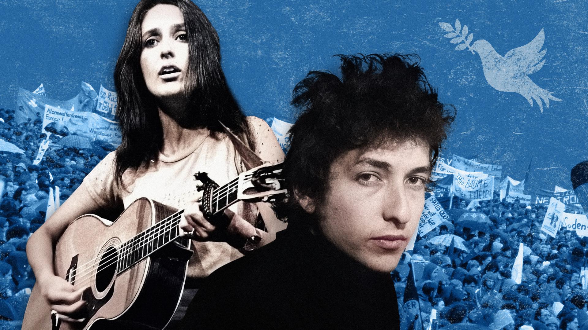 Montage der Portraitbilder von Joan Baez und Bob Dylan