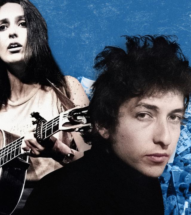 Montage der Portraitbilder von Joan Baez und Bob Dylan